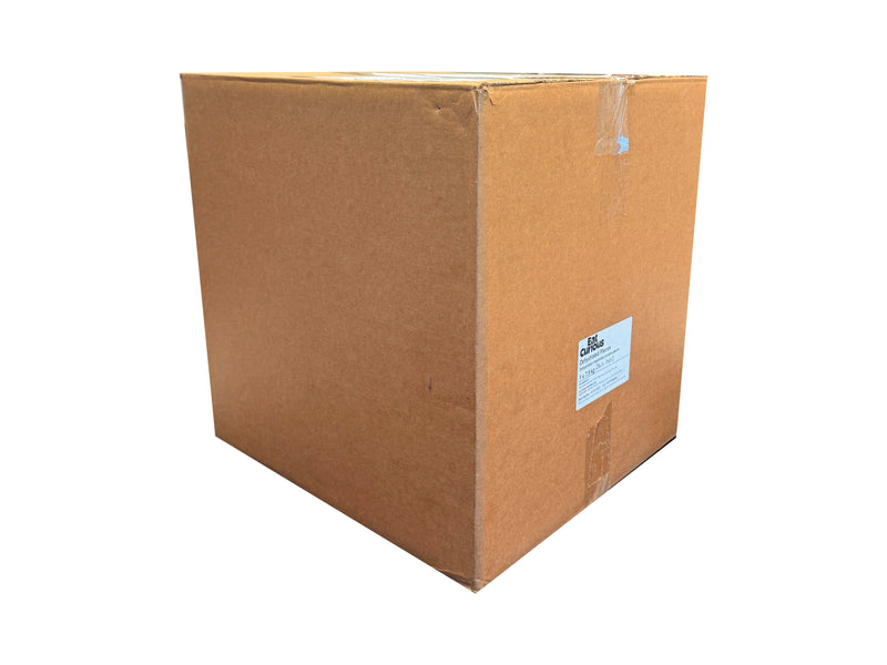 a photo of a used box that has been taped at the top and the bottom with white background behind
