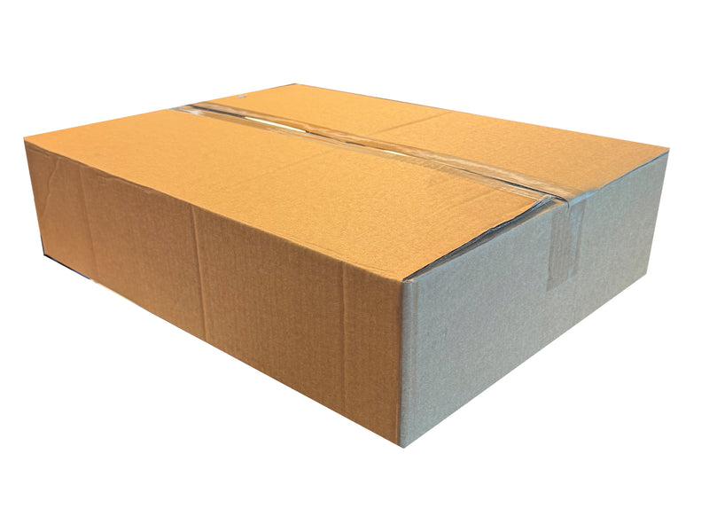 Closed cardboard box measuring 490mm x 375mm x 120mm