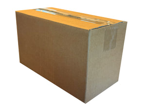 Cardboard box measuring 270mm x 135mm x 150mm, closed shut, on a white background