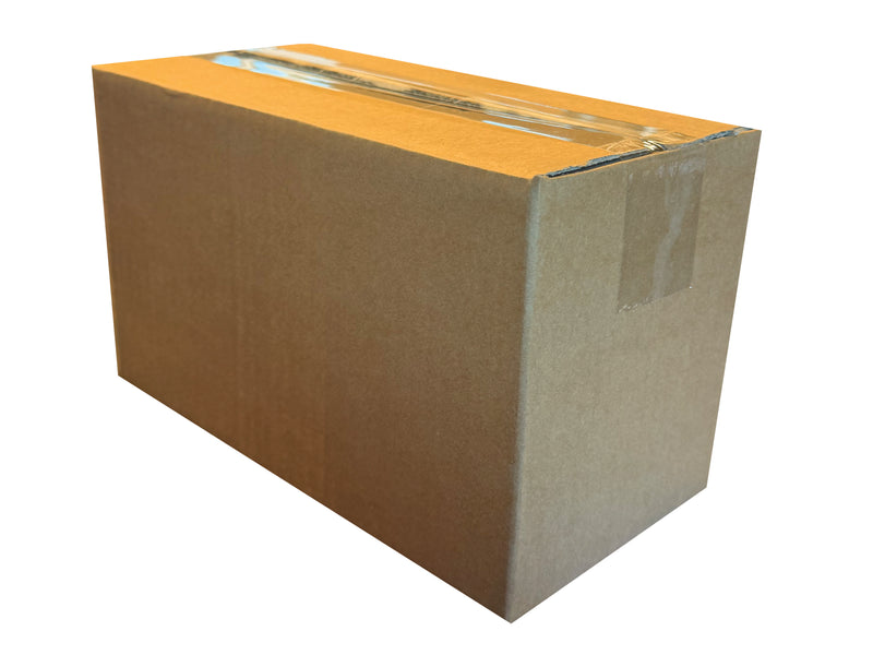 Cardboard box measuring 270mm x 135mm x 150mm, closed shut, on a white background