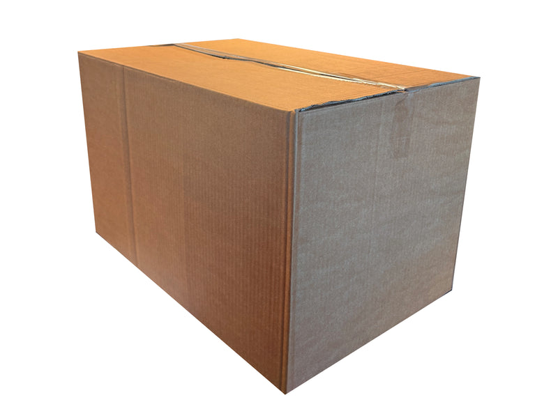 Cardboard box sealed with clear tape, on a white background