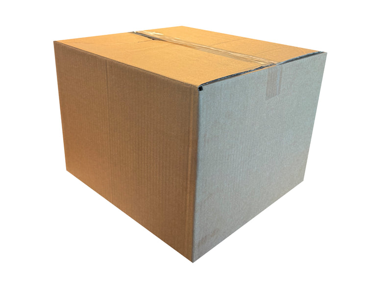 Plain cardboard box, sealed with clear tape, measuring 425mm x 400mm x 300mm