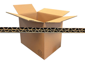Open cardboard box with a cross-section view showing its double wall structure on a white background