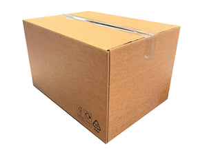 Brown cardboard box with shipping labels on a white background