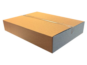 A closed cardboard box, sealed with clear tape, measuring 550mm x 460mm x 93mm