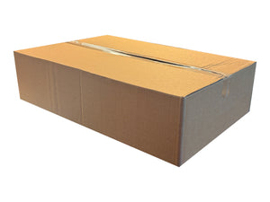 A plain shipping box, closed shut with clear tape, measuring 595mm x 395mm x 145mm