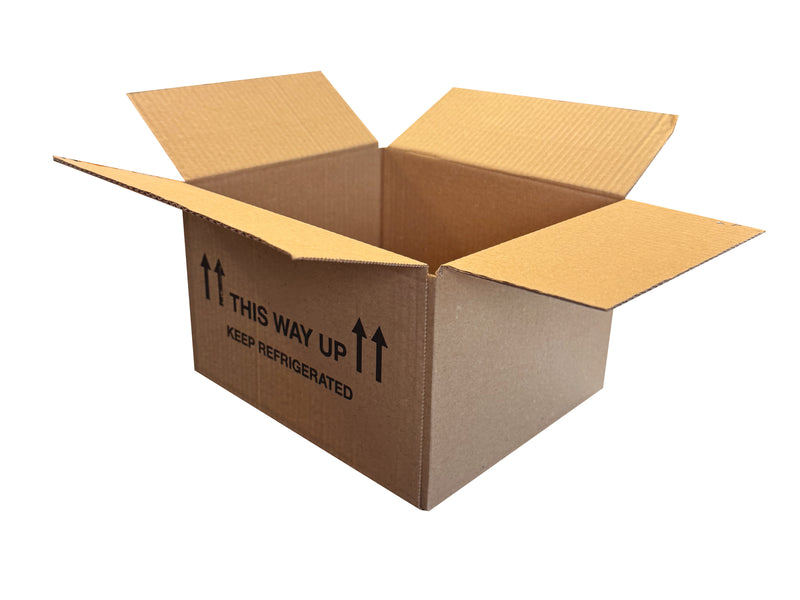 A small packing box measuring 204mm x 170mm x 126mm, printed with this way up keep refridgerated