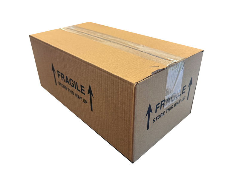 Cardboard box with 'Fragile' print on a white background