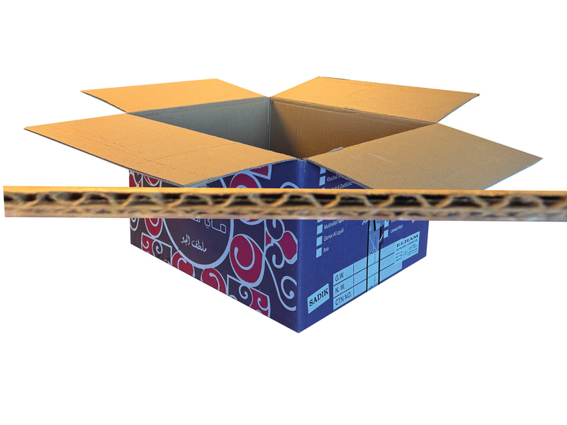 Open cardboard box with a blue base and yellow flaps on a white background