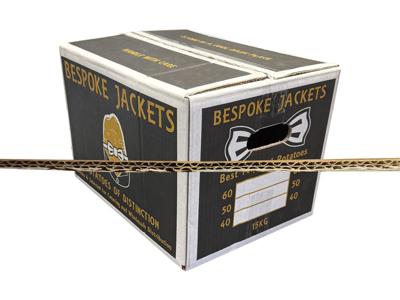 Cardboard box labeled 'Bespoke Jackets' with branding and text on a white background with close-up of box corrugation