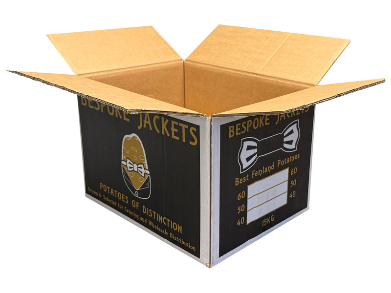 Extra strong black and white box, printed with 'Bespoke Jackets' & 'Potatoes of distinction'