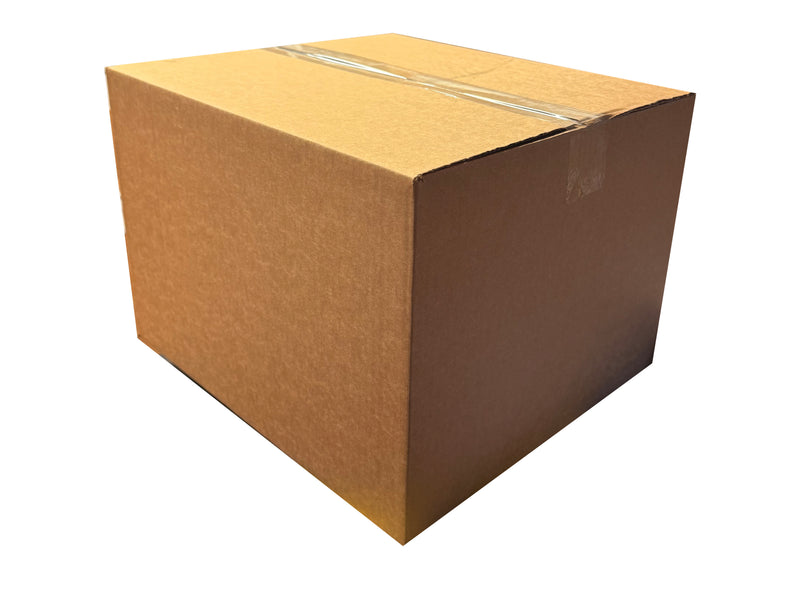 Brown cardboard box with tape on a white background, measuring 370mm x 230mm x 360mm