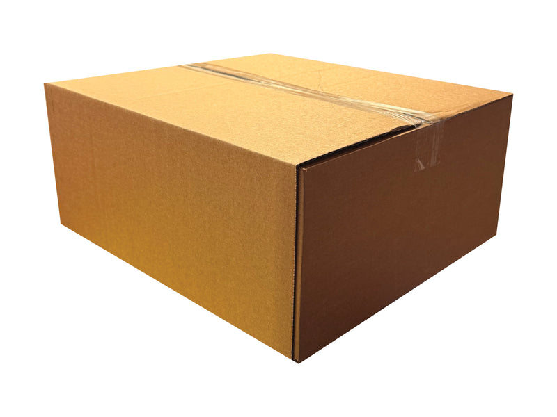 Brown cardboard box with tape on a white background, closed with clear tape