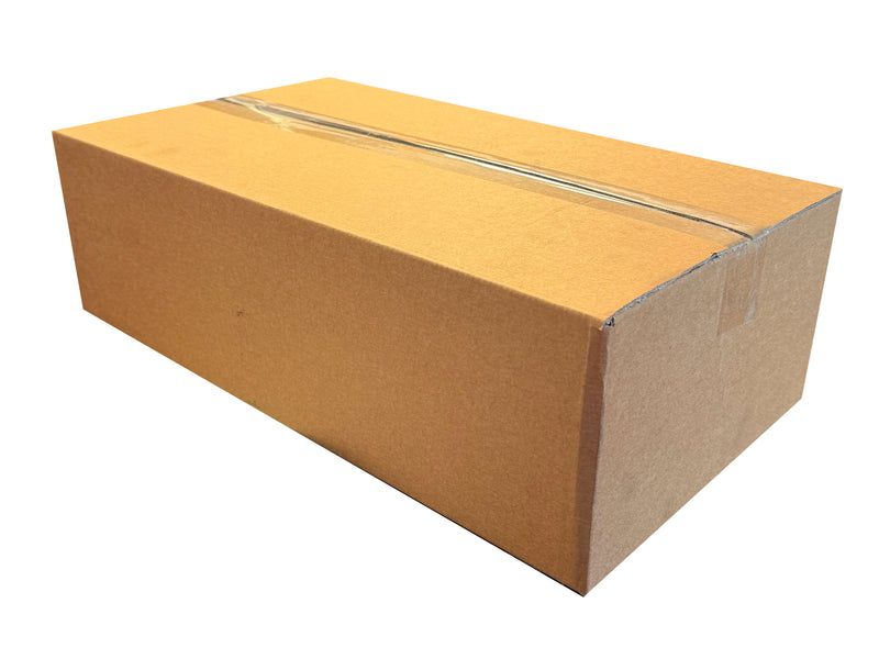 Cardboard box, sized 490mm x 275mm x 145mm, with clear tape on a white background