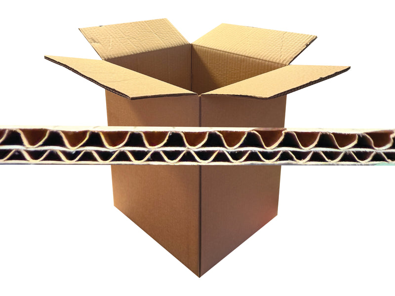 Packing box with a cross-section view showing corrugated layers on a white background