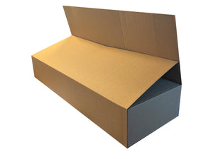 A 787mm x 265mm x 120mm box, with fully overlapping flaps. 