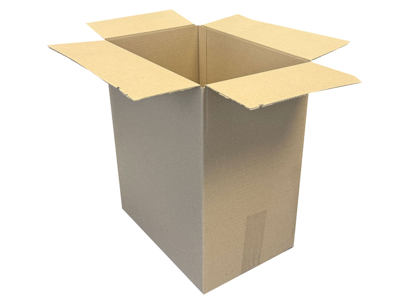 plain single wall cardboard packing box taped at the bottom with the flaps open at the top