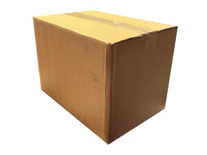 Brown cardboard box sized  300mm x 200mm x 210mm with tape, on a white background.