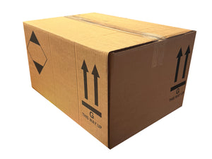 Cardboard box with shipping symbols for this way up on a white background