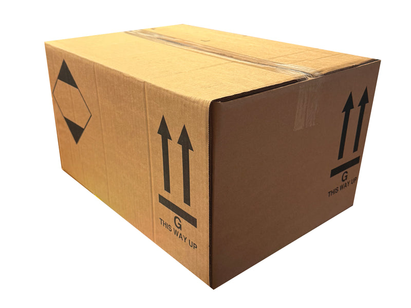 Cardboard box with shipping symbols for this way up on a white background