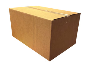 Plain cardboard box, closed shut with tape, measuring 485mm x 325mm x 258mm