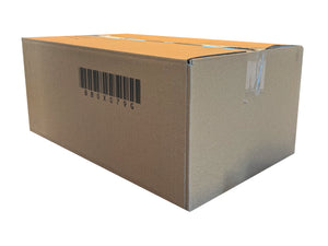 A closed cardboard box, printed with a barcode