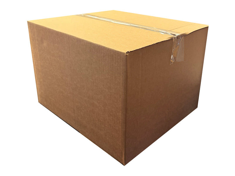 Brown, plain box, measuring 370mm x 323mm x 267mm, closed shut with clear tape