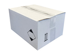 White cardboard box with black symbols on a white background