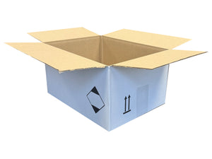 white cardboard packing box with two up arrows printed on the side panel