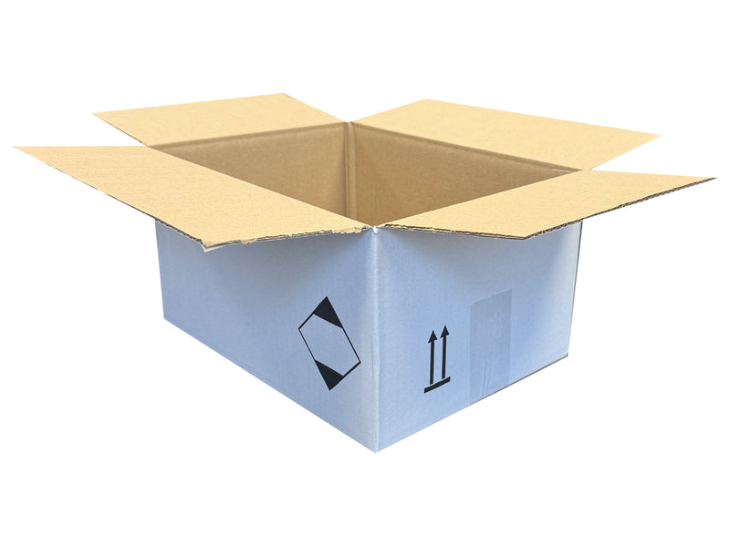 white cardboard packing box with two up arrows printed on the side panel