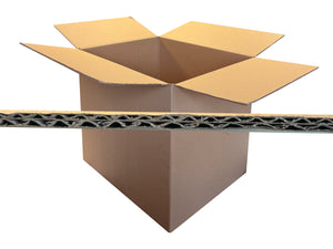 Open cardboard box with a corrugated cardboard flute profile on a white background
