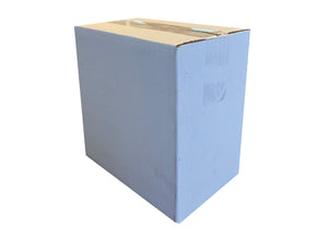 A white box, on a white background, closed with clear tape