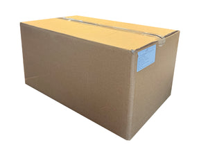 Cardboard box with a blue label on a white background