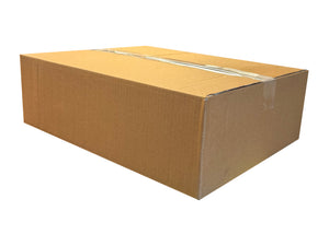 A closed cardboard box, measuring 445mm x 360mm x 132mm