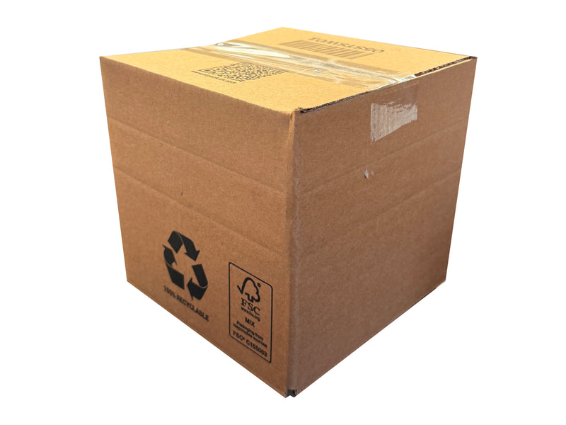 Cardboard box with recycling symbol on a white background