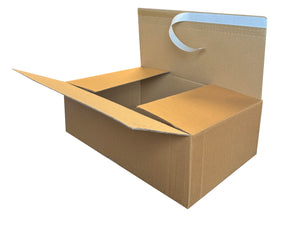 Open cardboard box with a self seal strip, on a white background