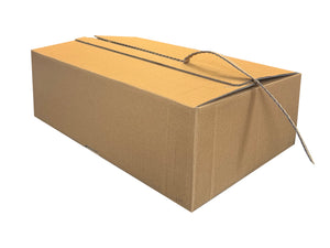 Cardboard box with a tear-off opening strip, on a white background