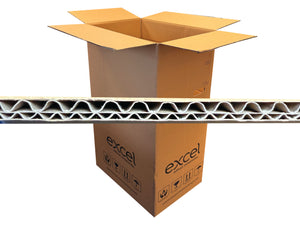 Cardboard box with Excel branding and a corrugated flute profile, shown on a white background