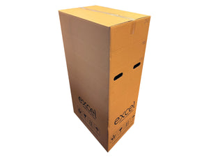 Cardboard box with 'excel' branding on a white background