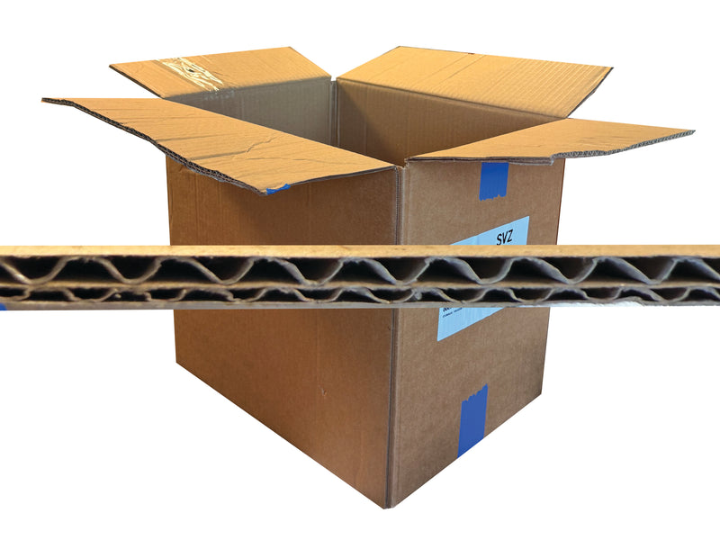 Box measuring  380mm x 283mm x 345mm with an image of the board flute used. 