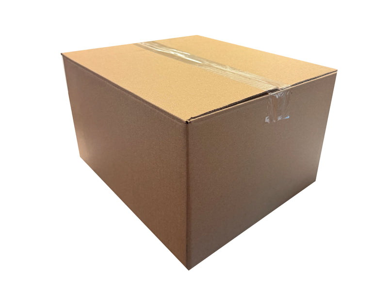 A closed cardboard box measuring 330mm x 290mm x 208mm