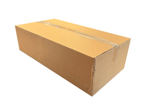 A plain cardboard box, sealed with clear Sellotape on a white backdrop