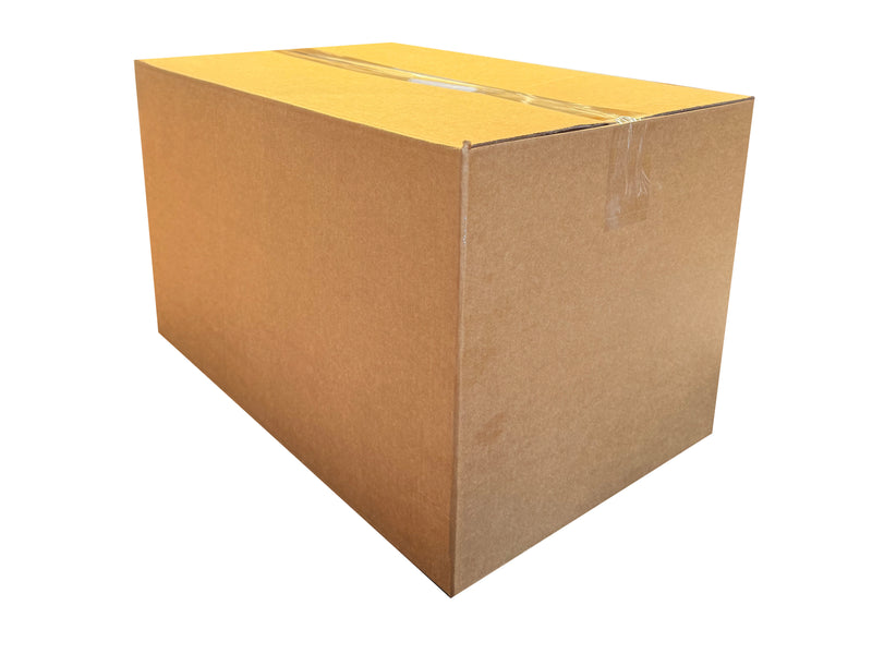 Plain cardboard box measuring 485mm x 305mm x 300mm, sealed with clear tape