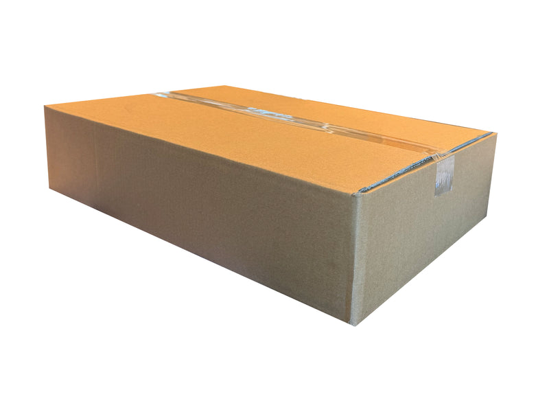 Closed, A3 sized cardboard box, sealed with clear tape