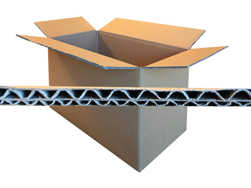 Cardboard box with a cross-section showing corrugated layers on a white background