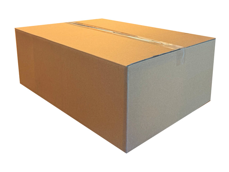 An oblong box, closed with clear tape, measuring 622mm x 462mm x 230mm