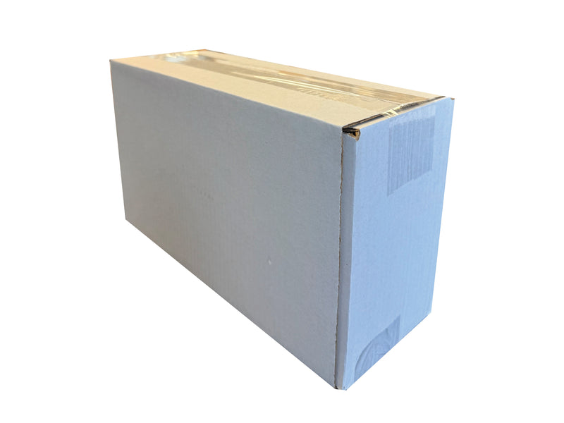 White cardboard box, closed with clear tape, measuring 270mm x 100mm x 150mm