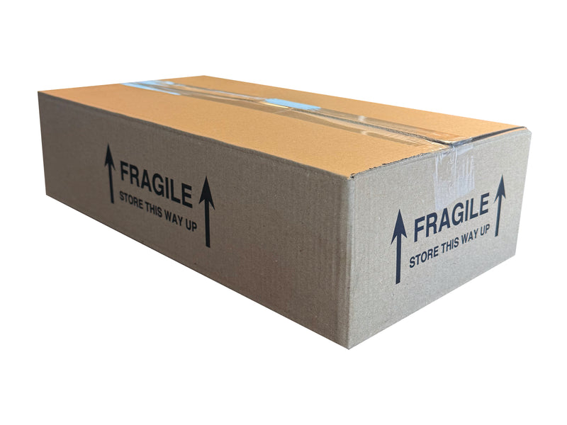 Cardboard box with 'Fragile' print on a white background, measuring 460mm x 225mm x 100mm