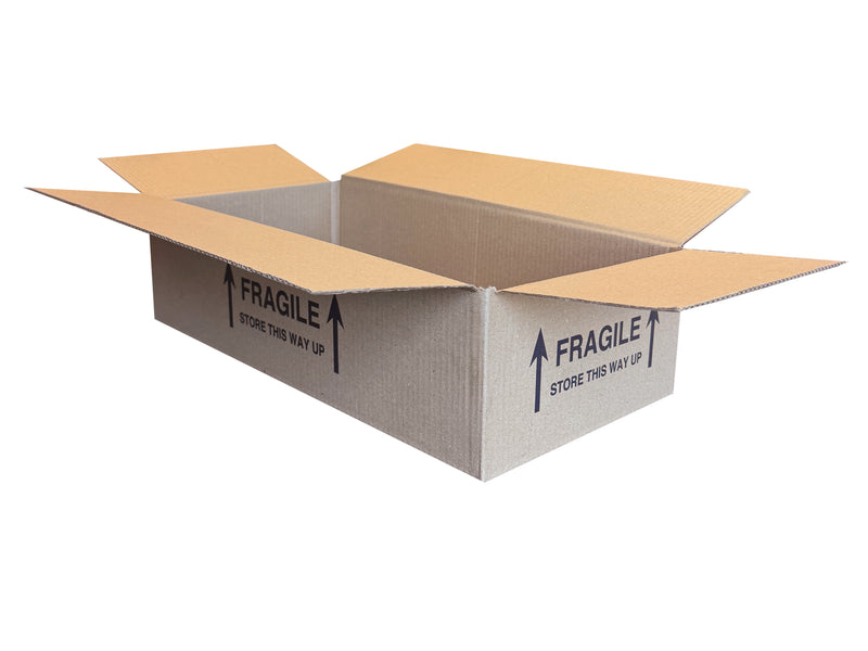 Printed box, measuring 460mm x 225mm x 100mm with FRAGILE STORE THIS WAY UP printed on the side