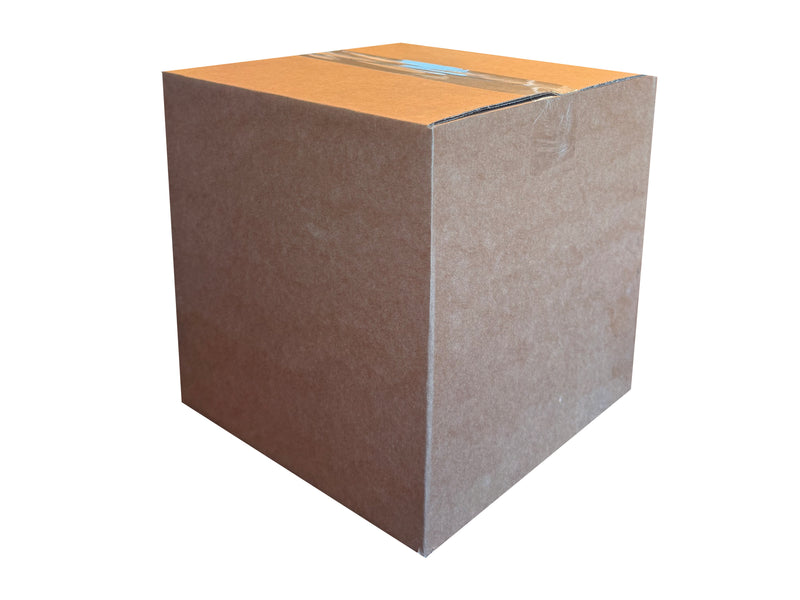 A 9 inch cubed box, closed with clear tape